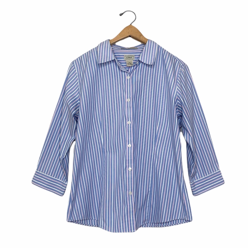 L.L. Bean Blue Stripe Wrinkle Resistant Cotton Button Down Blouse Medium M - Picture 1 of 8